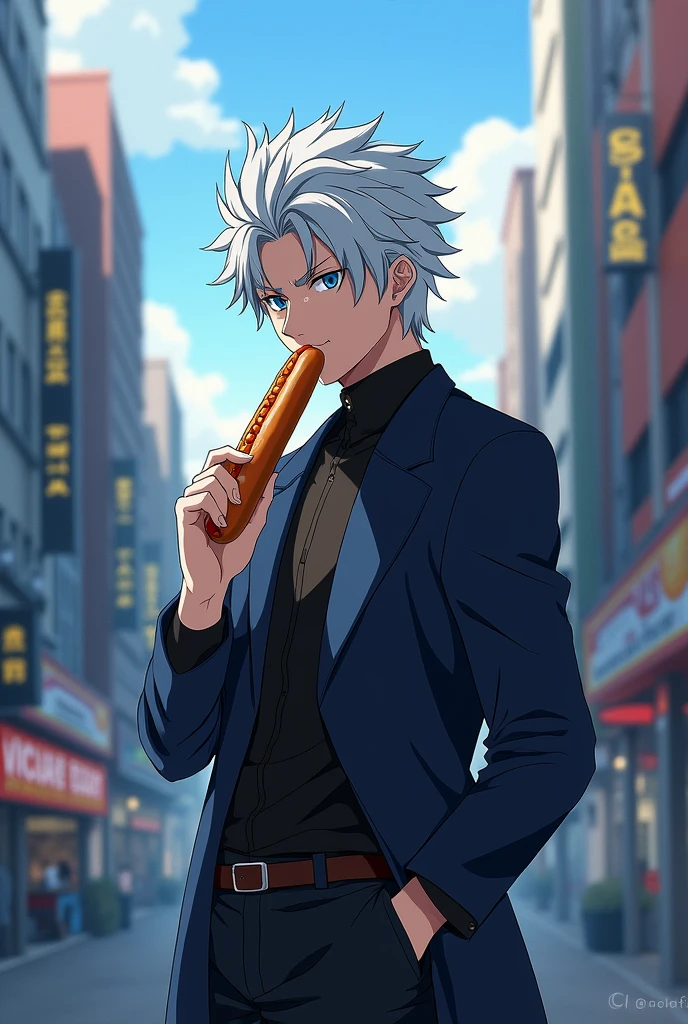 gojo satoru from jujutsu kaisen eating a hotdog