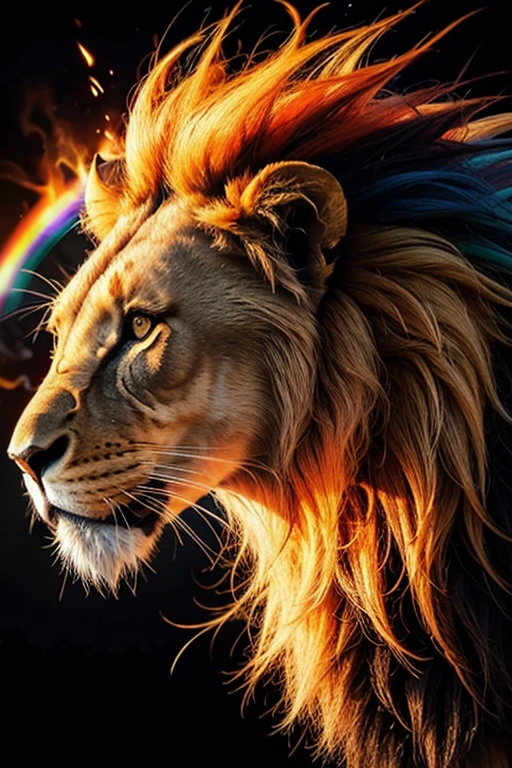 Lion, the head of a lion in a multi-colored exploding rainbow flame. Abstract multicolored profile portrait of a lion head on a black background

