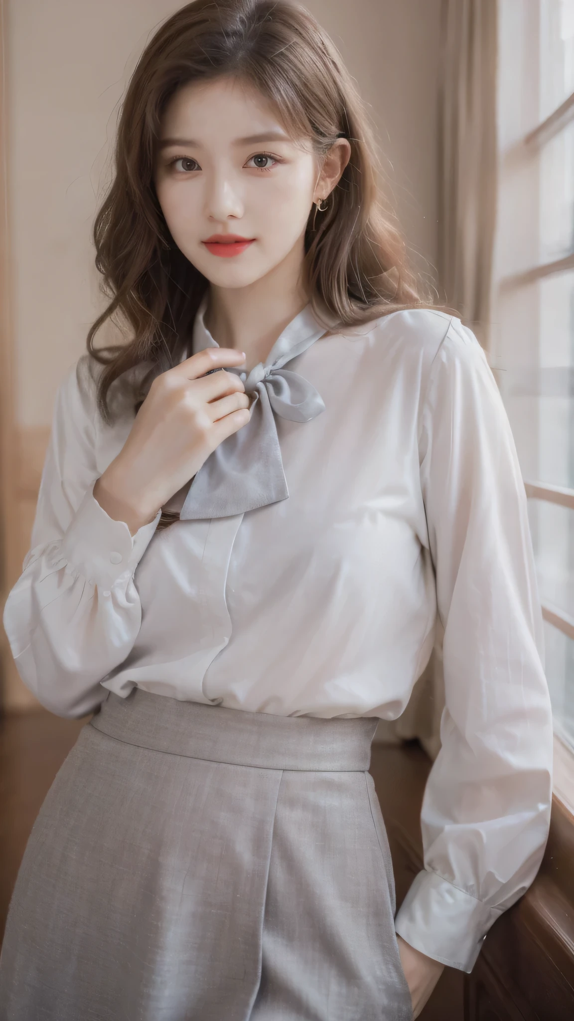 detailed background, masterpiece, best quality, 1 person , curly hair, long hair, purple eyes, star in eye , grey  blouse, long  skirt, grey , grey blouse , beautiful bow, detailed bow, indoor , hair accessories, jewelry, red lips