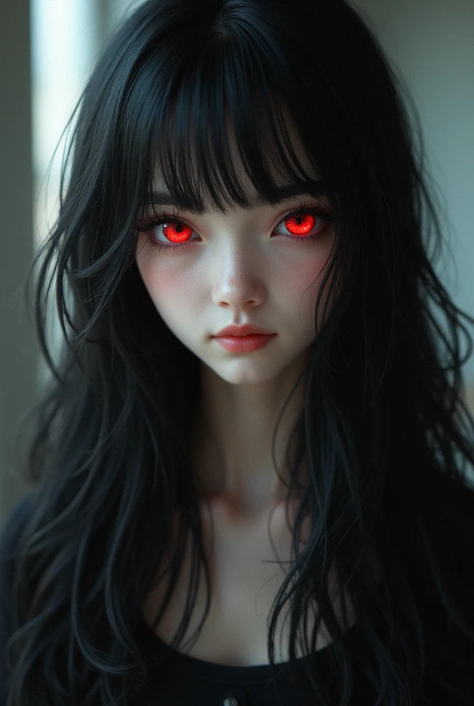 A beautiful high school girl with black hair and red eyes.
