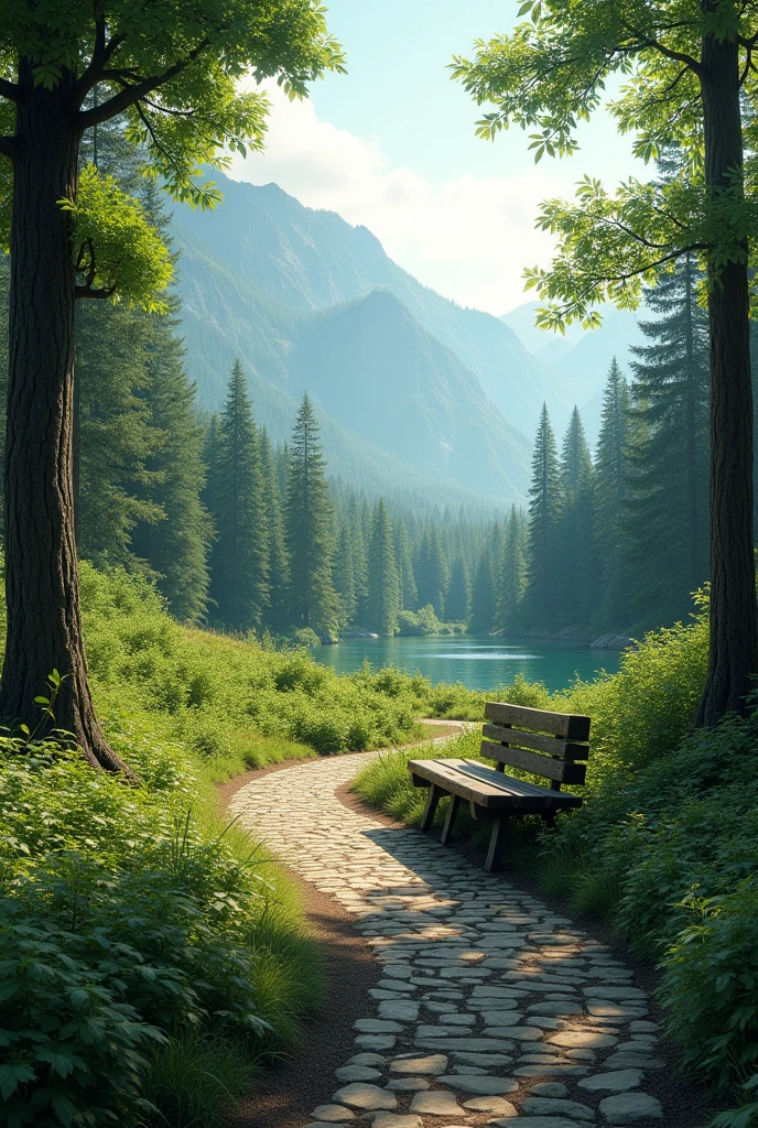 A serene scene with a rustic wooden bench located in the center of the image. Around the bench, there is a paved path that winds through a dense forest of tall, green trees. In the background of the image, a majestic mountain range rises, its elevations covered with a light mist. Sunlight filters softly through the treetops, creating a peaceful and natural environment. --v 5 --ar 16:9 --q 2