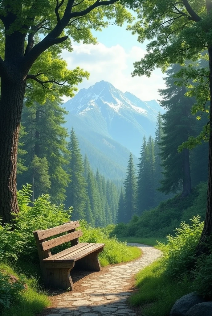 A serene scene with a rustic wooden bench located in the center of the image. Around the bench, there is a paved path that winds through a dense forest of tall, green trees. In the background of the image, a majestic mountain range rises, its elevations covered with a light mist. Sunlight filters softly through the treetops, creating a peaceful and natural environment. --v 5 --ar 16:9 --q 2