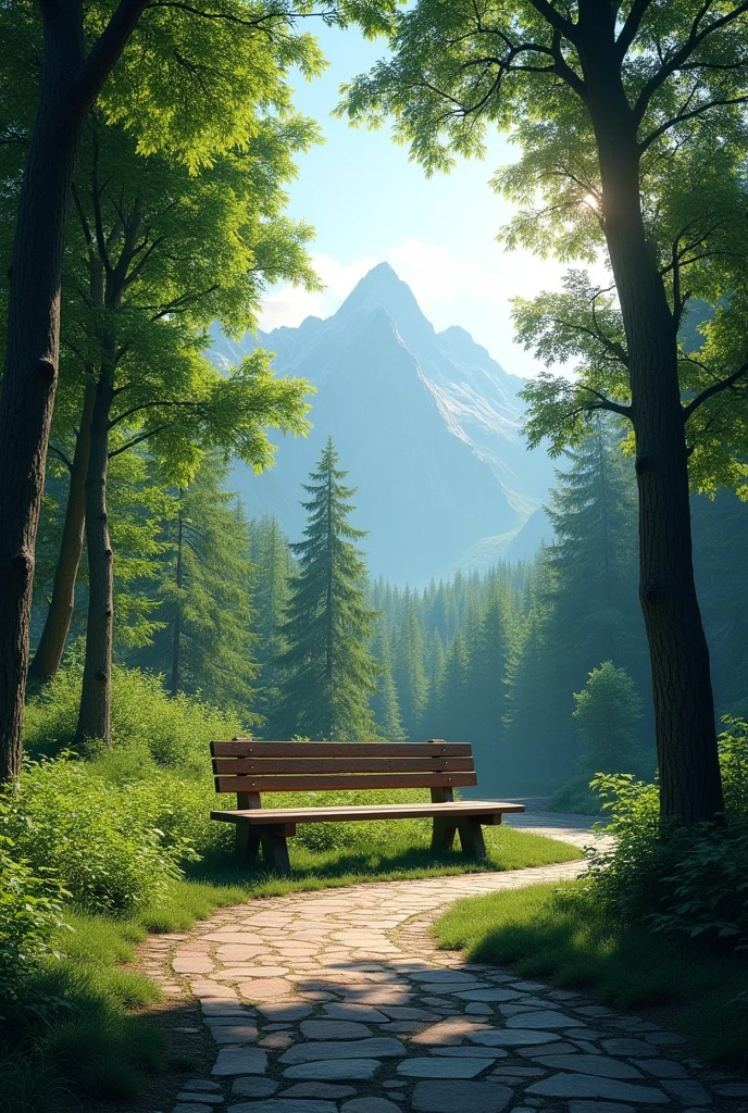 A serene scene with a rustic wooden bench located in the center of the image. Around the bench, there is a paved path that winds through a dense forest of tall, green trees. In the background of the image, a majestic mountain range rises, its elevations covered with a light mist. Sunlight filters softly through the treetops, creating a peaceful and natural environment. --v 5 --ar 16:9 --q 2