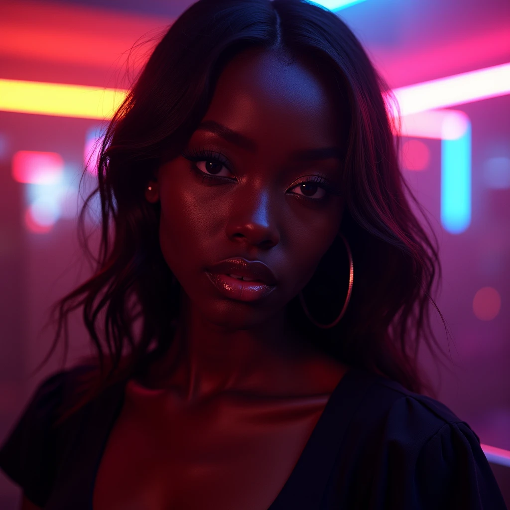 Girl, model, black skin, pretty, in the club, neon lights, photo shoot, pose, night club