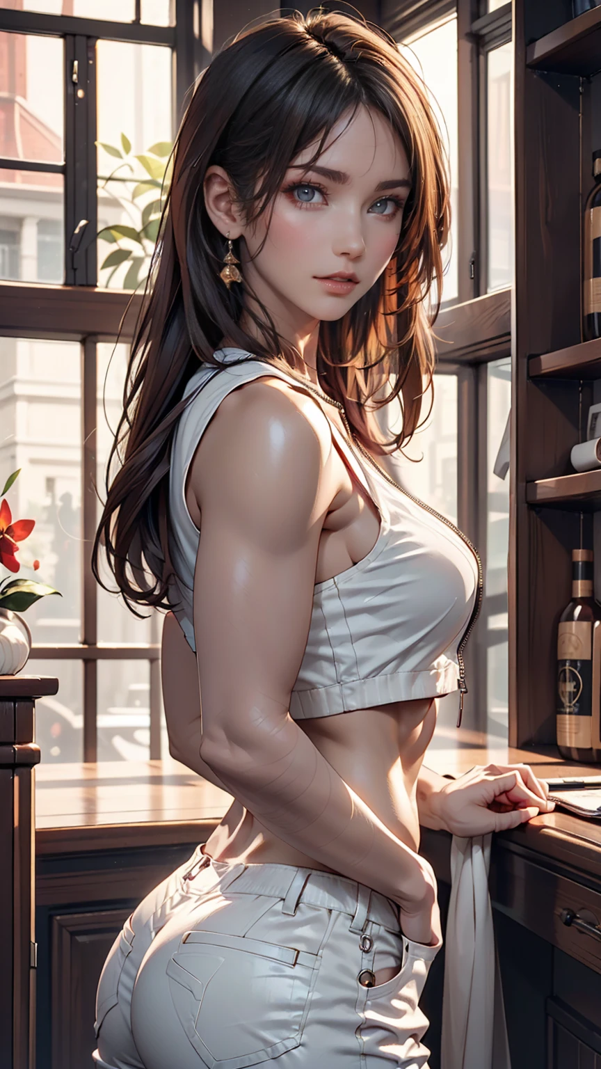 Black iPhone、24-year-old woman、Attractive Young Woman, (Beautiful Face:1.1), Detailed eyes, Seductive lips, (eye make up:1.2), (Medium chest:1.0), (Toned body:1.2), Sexy proportions、Narrow waist、High neck zipper up top、Low rise hot pants(Butt in full view)