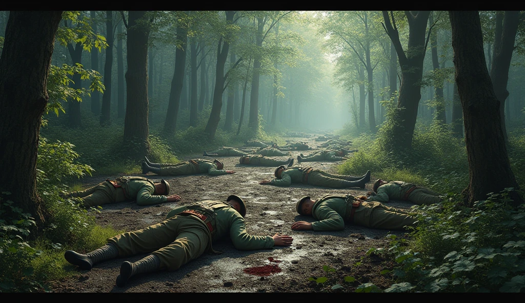 many soldiers lay dead from bombs and gunfire, in the forest.