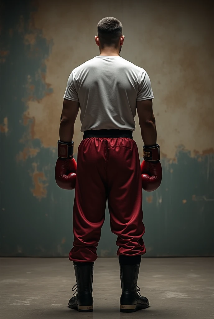 Describe a young, somewhat stocky man, 170cm tall, standing in a photo studio with an aesthetic wall backdrop, facing away from the camera and wearing a shirt., Full boxing pants with boxing gloves and boxing robe. Realistic photo, 8k, HDR