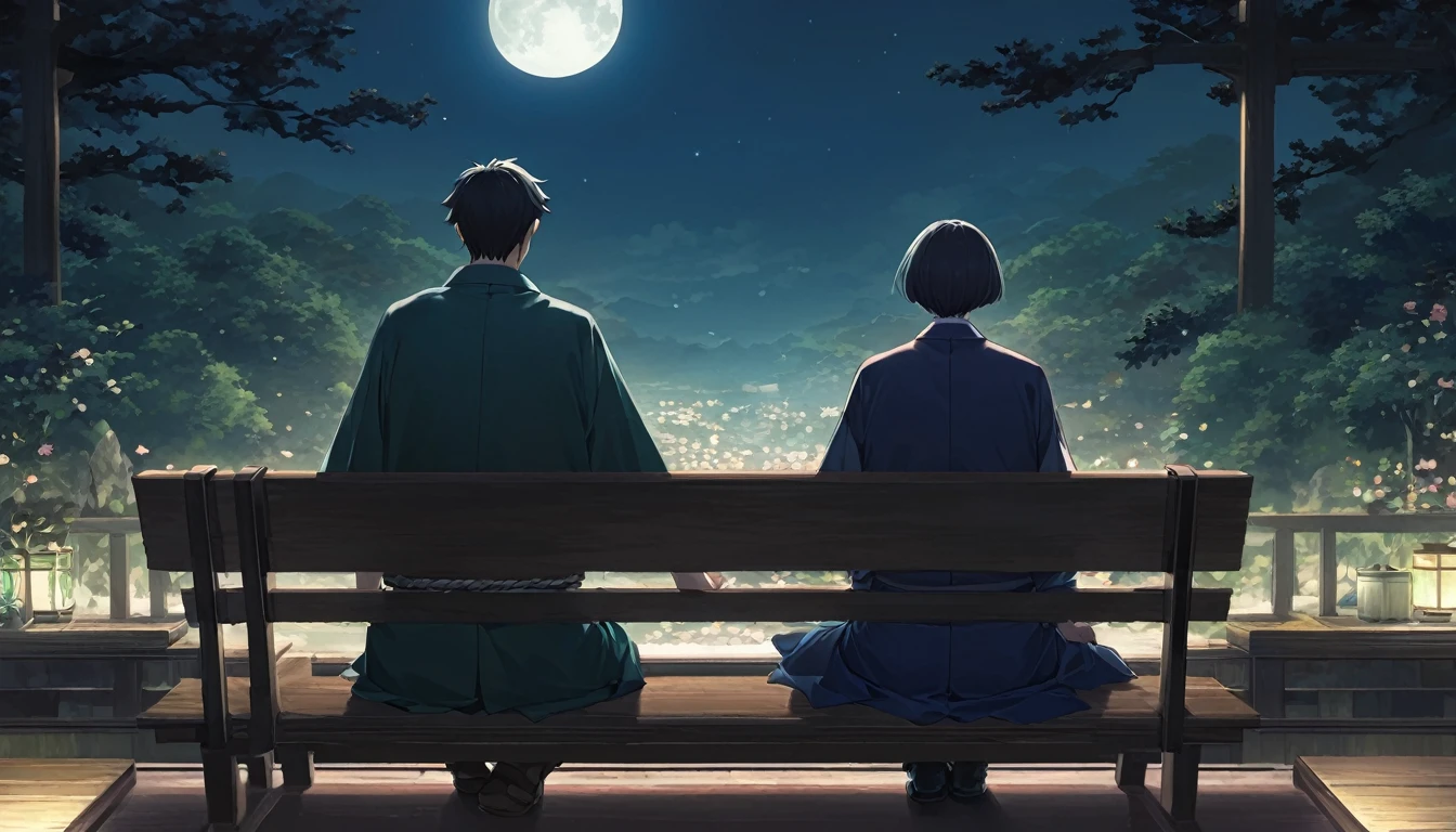 (((ベンチに座る一人の男と一人の女のRear view:1.5)))、Highest quality、masterpiece、Takuki Ishikawa、I hate the moon、Meiji period of Japan、Wabi-sabi art、Beautiful landscape painting、night、night間、(((nightの公園のTwo people sitting on a benchの男女:1.2、Two people sitting on a bench)))、(((Rear viewの男女、Two people standing nearby)))、Rear view、美しいRear view、Rear view、dark、full moonのnight、full moon、nightのベンチ、Meiji was a custom、Taisho Romance、Rear viewの二人、Long Shot、Full body angle、dark照明、moonlight、