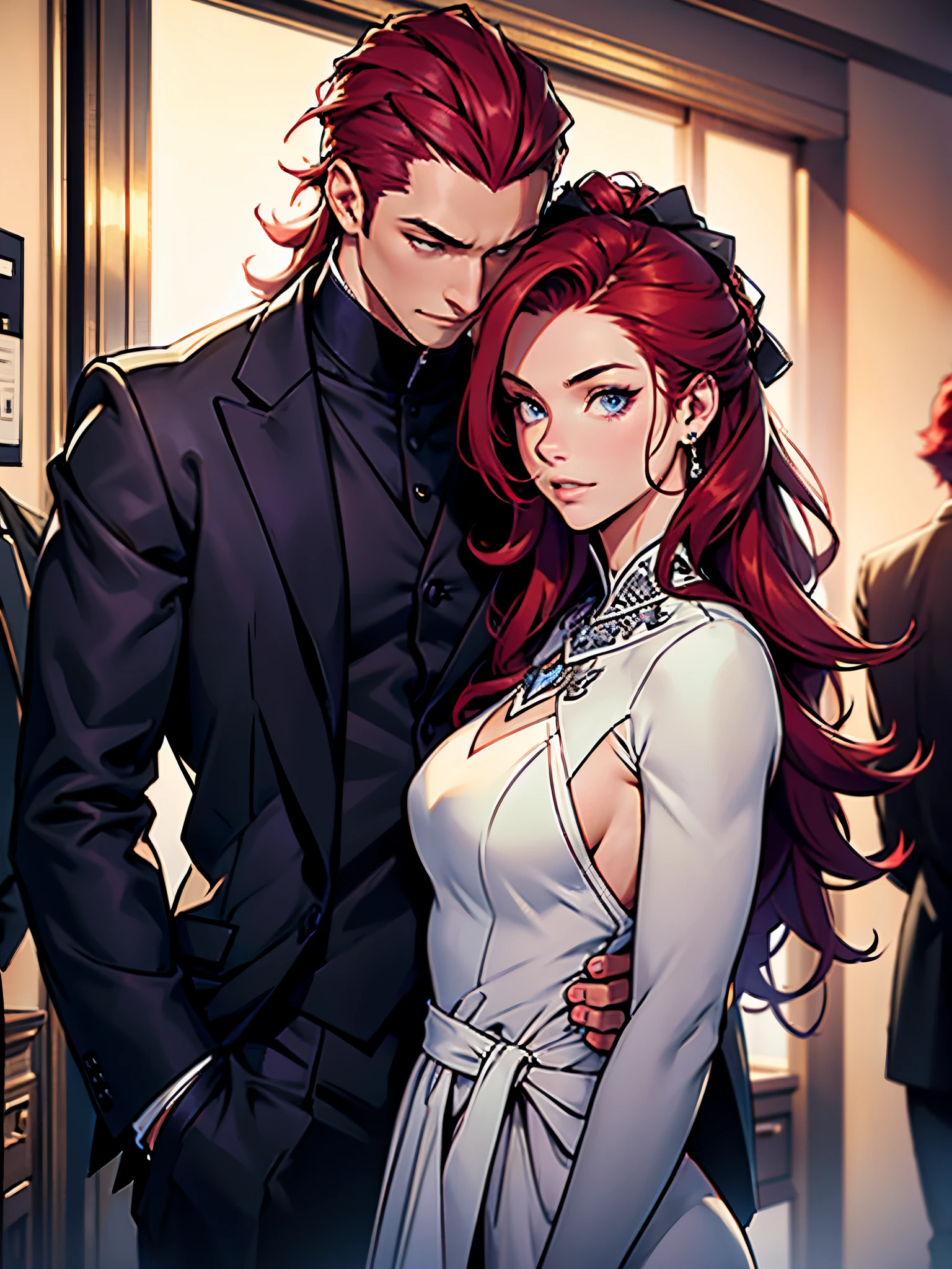 a man and a woman standing in a luxurious hall, the woman wearing an elegant ballgown dress with long purple hair styled beautifully flowing down her shoulders and waist, the man in a tuxedo with slicked back red hair, formal mafia party scene, the woman standing next to the man as he protects her, detailed face and eyes, photorealistic, cinematic lighting, dramatic atmosphere, vibrant colors, intricate details, high fashion, chiaroscuro lighting, moody, elegant, sophisticated, cinematic composition, award-winning photography, masterpiece, best quality, 8k, hyperrealistic, photorealism, physically-based rendering, extremely detailed, studio lighting. A girl stands next to a guy. He puts his arm around her waist, his face is gloomy. There are many people around. GIRL-WITH-PURPLE HAIR AND GUY-WITH-RED HAIR