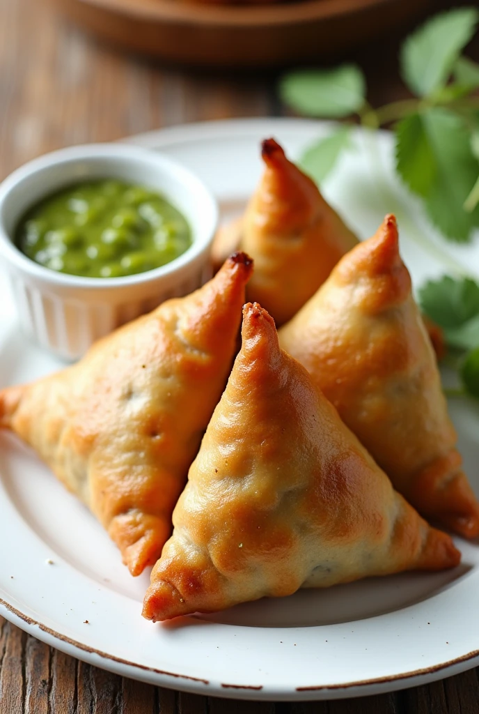 Samosa with green chutney 
