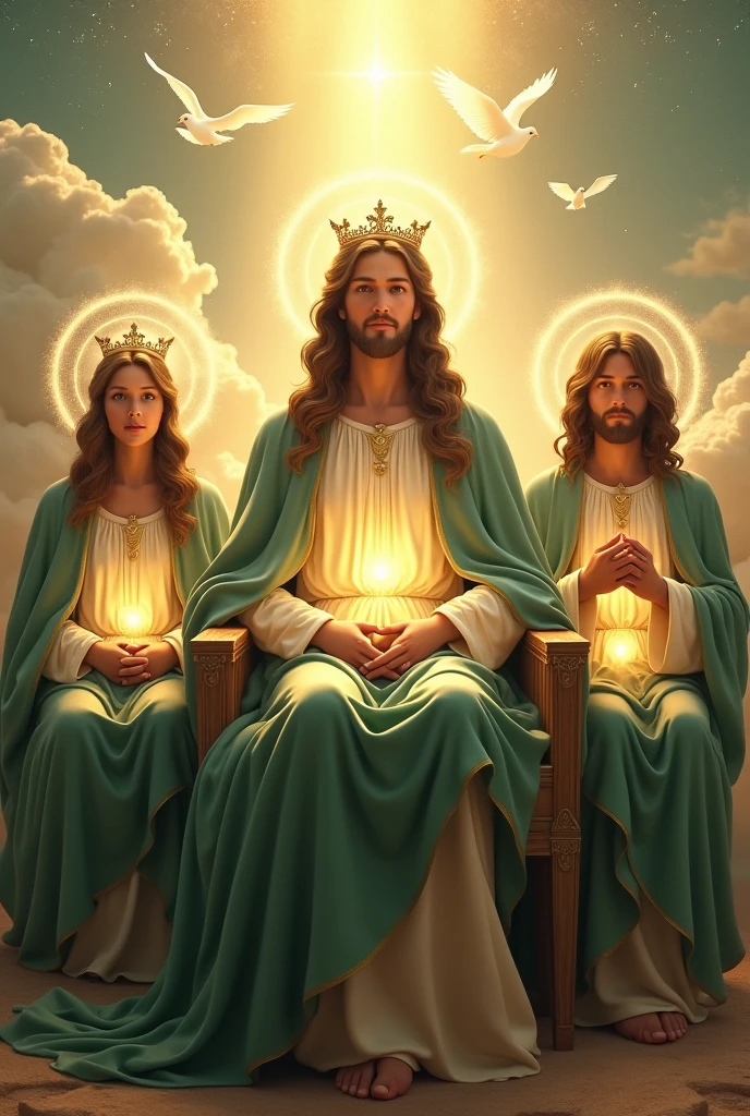 (photorealism:1.2), beautiful virgin Mary, handsome Jesus Christ and handsome 7 years old teen Jesus, sitting in the throne each of them in the kingdom of god that full of clouds, the light of their crowns and hearts spreading all over, wearing the green color of a king, queen and prince, the crown of lights, real beautiful faces, real nice hair, real face, real image, heaven outdoors that full of clouds, brighter lighting, five fingers, clouds and many doves in the background, elegant clothes, stars and sunlight, beautiful heaven of paradise, relaxed pose, realistic, intricate details, bright and warm colors, 
