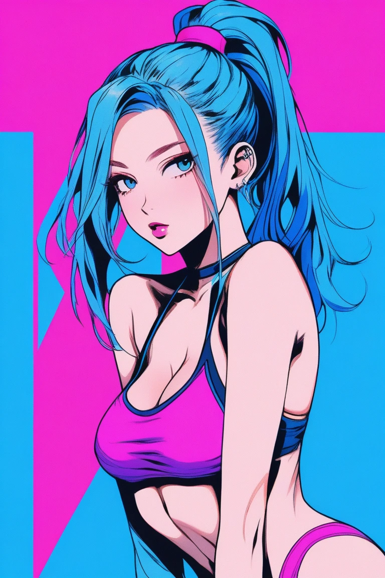 Illustrator, anime , Realistic ,sketch , 1 person, Supermodel, lip, bikini, order, Blue gradient background, Neon Ponytail Hair, Are standing, Sexy pose, Texture Trim, Canadian, (masterpiece,Highest quality) Cancer