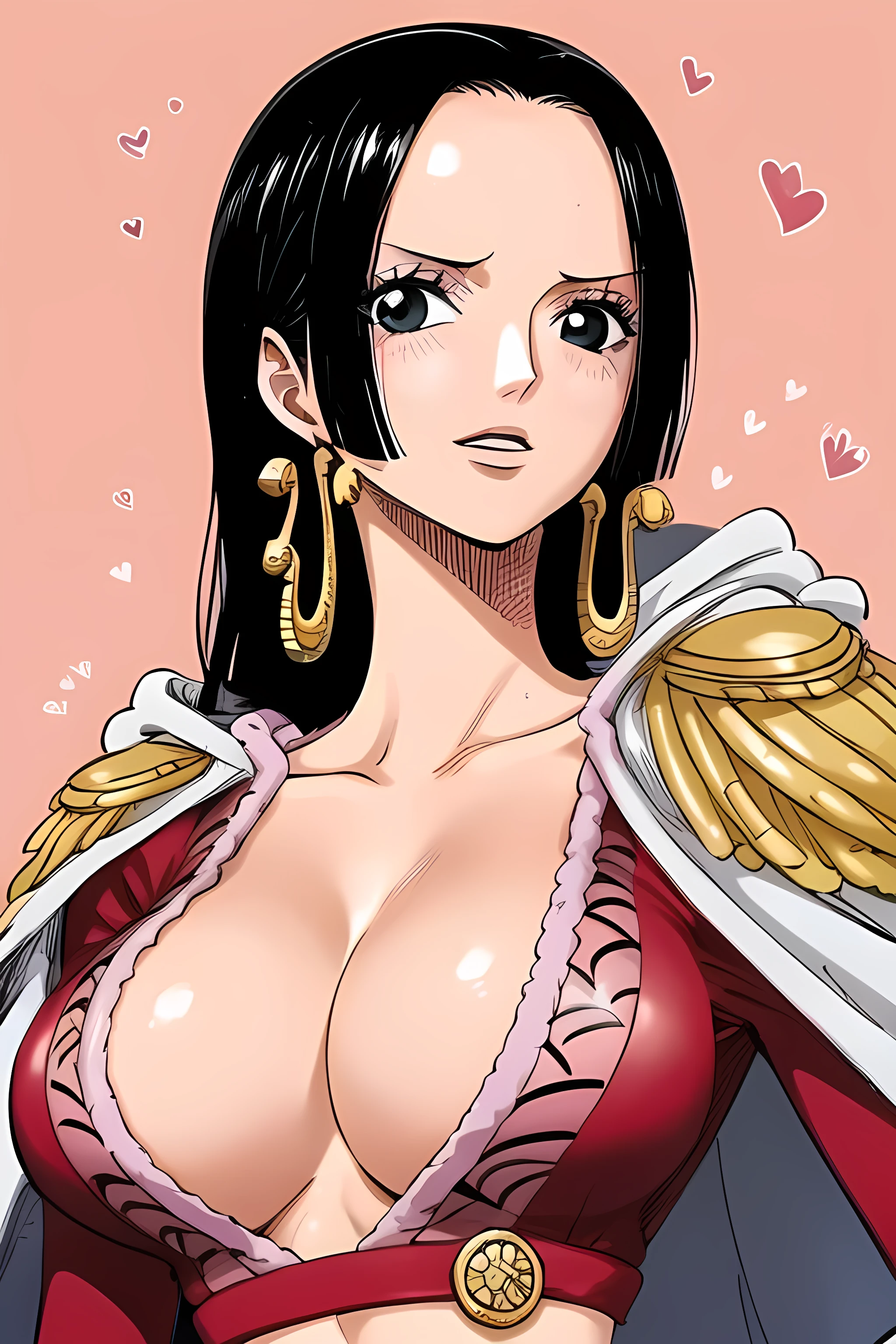 1girl, solo, female, big breasts, shining breasts, cleavage, blush, boa hancock, cape, epaulettes, jewelry, earrings, midriff, cleavage, sky, basic background