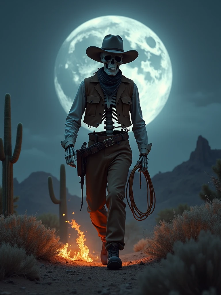 ((masterpiece, 16K, best quality, high resolution:1.3)), (an ultra-realistic and ultra-detailed image of a skeleton dressed as a cowboy:1.2), (he is walking, and wherever he steps, the ground catches fire:1.2), (he is in the Old West at night, with a full moon in the background:1.2), (epic and award-winning photo:1.2), (full-body shot:1.2), (aspect ratio 9:21:1.2), (the skeleton cowboy is wearing a classic cowboy hat, a bandana, a leather vest, and chaps:1.2), (he is carrying a six-shooter revolver in a holster and a lasso coiled at his side:1.2), (the background features a vast, desolate landscape with cacti, tumbleweeds, and distant mountains:1.2), (the full moon casts a silvery light, creating dramatic shadows and highlights:1.2), (the fires left by his footsteps are vivid and intense, adding a dynamic element to the scene:1.2), (Canon EOS 5DS R camera, perfect for capturing the detail and beauty of the scene:1.2), (paired with the Canon EF 24-70mm f/2.8L II USM lens:1.2), (the scene is illuminated with high contrast, creating a dramatic and cinematic atmosphere:1.2), (the composition showcases the intricate details of the skeleton cowboy and the epic setting:1.2), (a moment frozen in time, capturing the essence of the supernatural and the Wild West:1.3), (ultra photorealistic, highlighting the intricate details of the skeleton and the dramatic landscape:1.3), (an image that transports viewers to a captivating and epic moment:1.2), (a scene that exemplifies the beauty of the Old West and the supernatural:1.2) - - ar 9:21