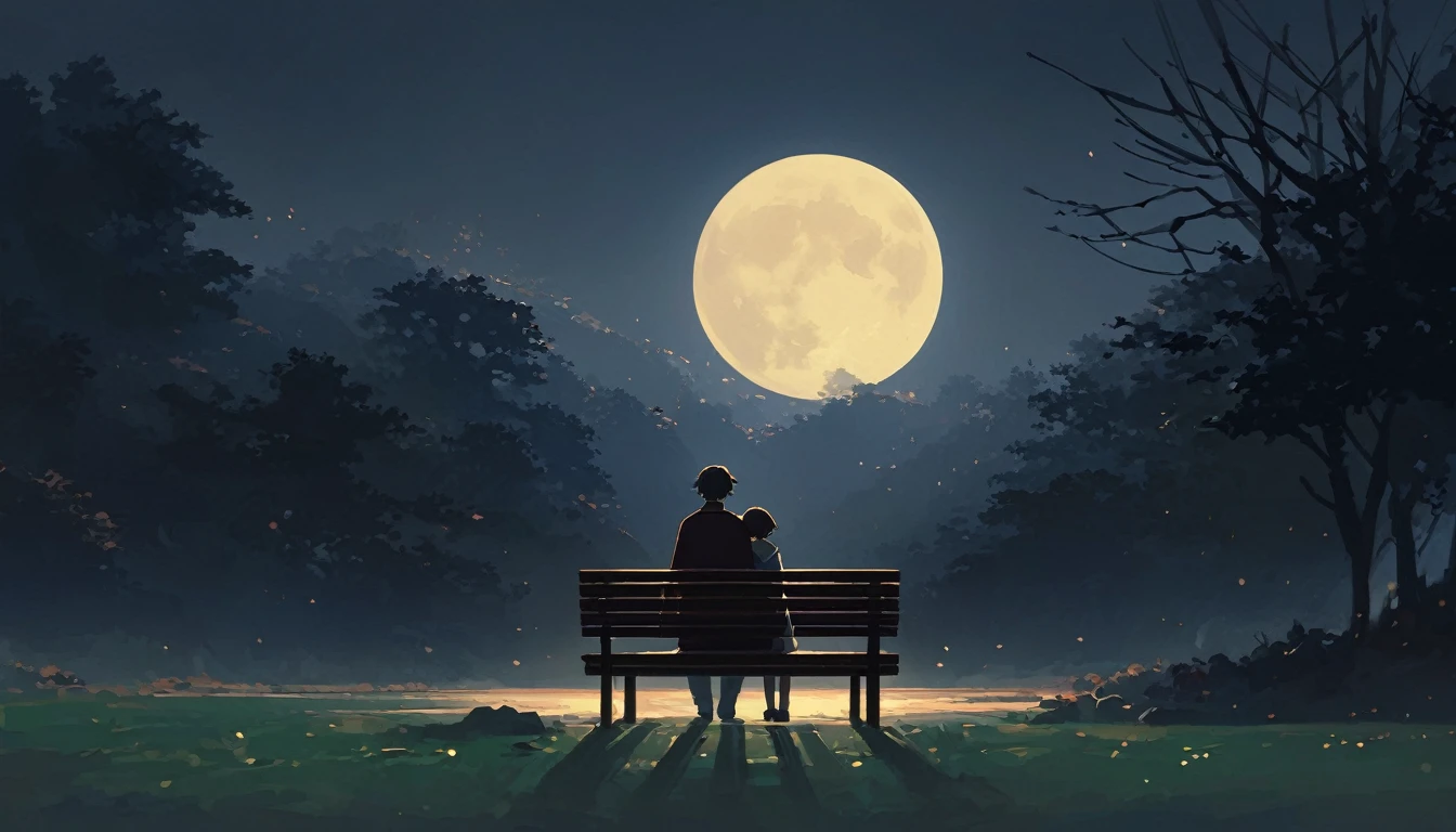 (((ベンチに座る一人の男と一人の女のRear view:1.5)))、Highest quality、masterpiece、Takuki Ishikawa、I hate the moon、Meiji period of Japan、Wabi-sabi art、Beautiful landscape painting、night、night間、(((nightの公園のTwo people sitting on a benchの男女:1.2、Two people sitting on a bench)))、(((Rear viewの男女、Two people standing nearby)))、Rear view、美しいRear view、Rear view、dark、full moonのnight、full moon、nightのベンチ、Meiji was a custom、Taisho Romance、Rear viewの二人、Long Shot、Full body angle、dark照明、moonlight、