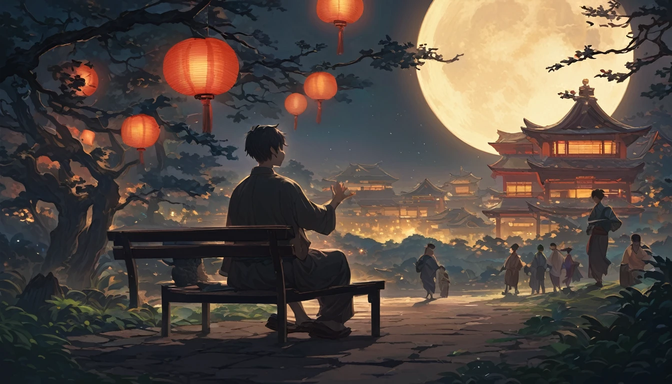 (((ベンチに座る一人の男と一人の女のRear view:1.5)))、Highest quality、masterpiece、Takuki Ishikawa、I hate the moon、Meiji period of Japan、Wabi-sabi art、Beautiful landscape painting、night、night間、(((nightの公園のTwo people sitting on a benchの男女:1.2、Two people sitting on a bench)))、(((Rear viewの男女、Two people standing nearby)))、Rear view、美しいRear view、Rear view、dark、full moonのnight、full moon、nightのベンチ、Meiji was a custom、Taisho Romance、Rear viewの二人、Long Shot、Full body angle、dark照明、moonlight、