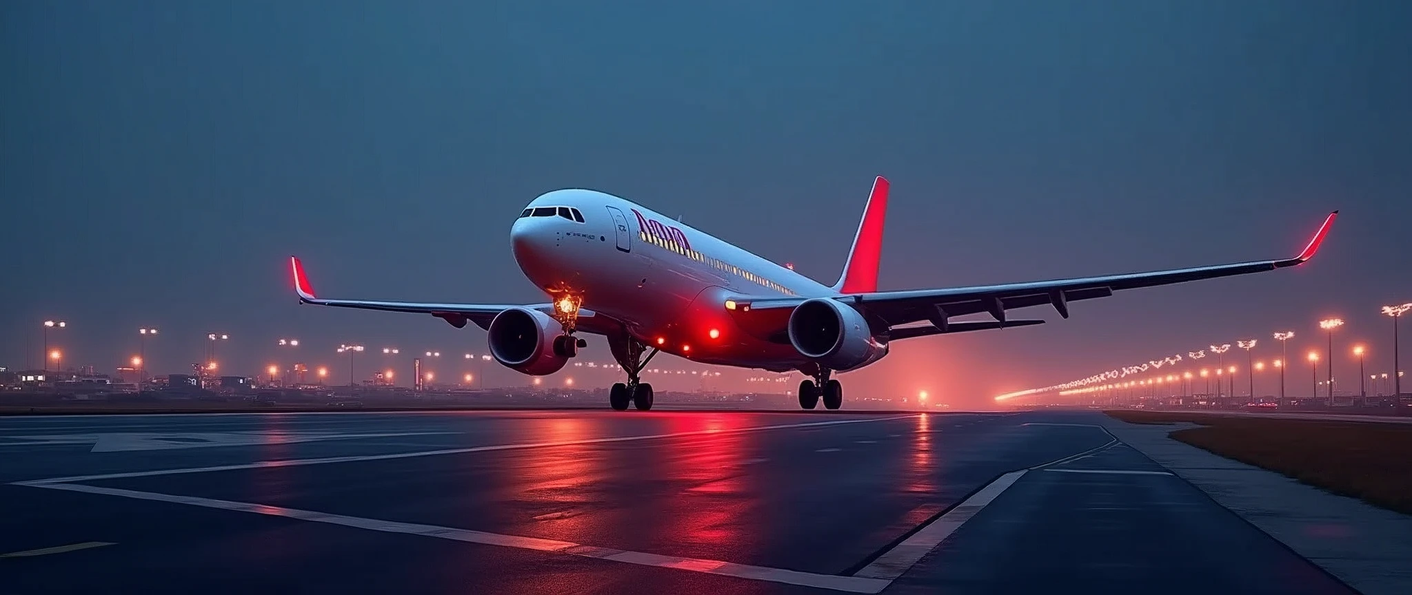 (masterpiece:1.2,Highest quality,Ultra-high resolution,Very detailed,Realistic,RAW Photos:1.2,Elaborate photos),8k,wallpaper,(Ray Tracing),Plane taking off from runway,Airbus,Ana,Anaスタイル,,Dynamic Angles),night,(Colorful runway exit signs:2.0),(美しいnight景:2.0)