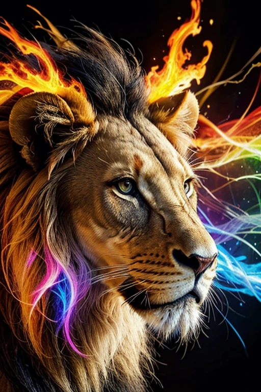 Lion, the head of a lion in a multi-colored exploding rainbow flame. Abstract multicolored profile portrait of a lion head on a black background

