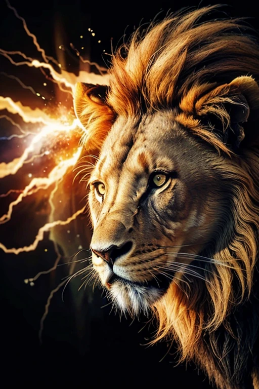 Lion, the head of a lion in a multi-colored exploding rainbow flame. Abstract multicolored profile portrait of a lion head on a black background