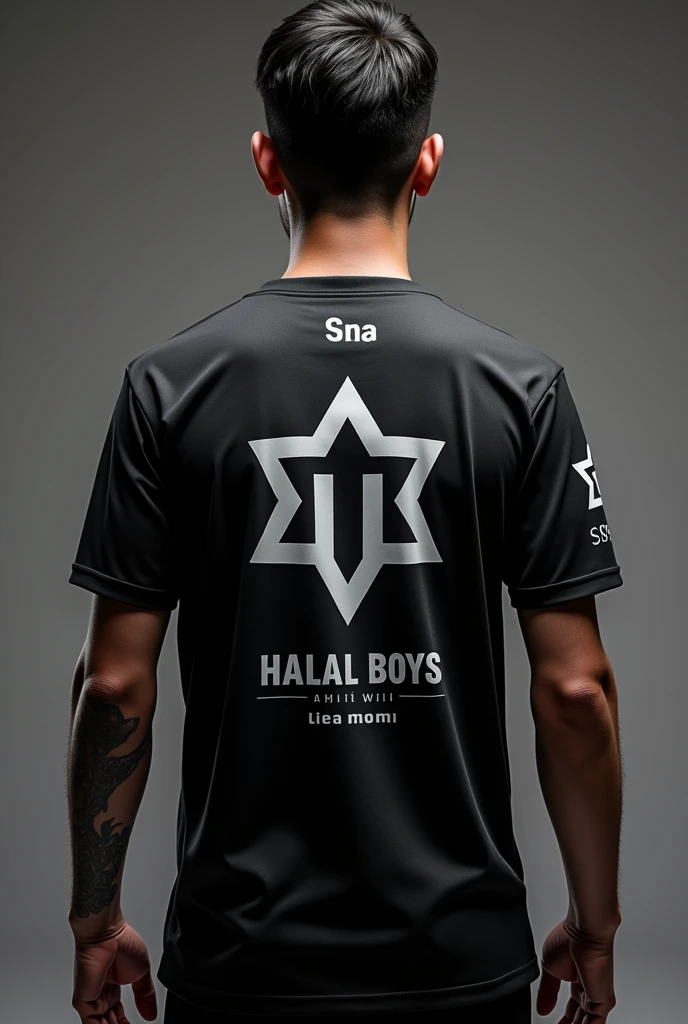 back view of a mobile legends eSport jersey including the name of the player with a theme of HBE means Halal Boys with a color of black and white just a jersey and make it more cooler please put a halal sign on it