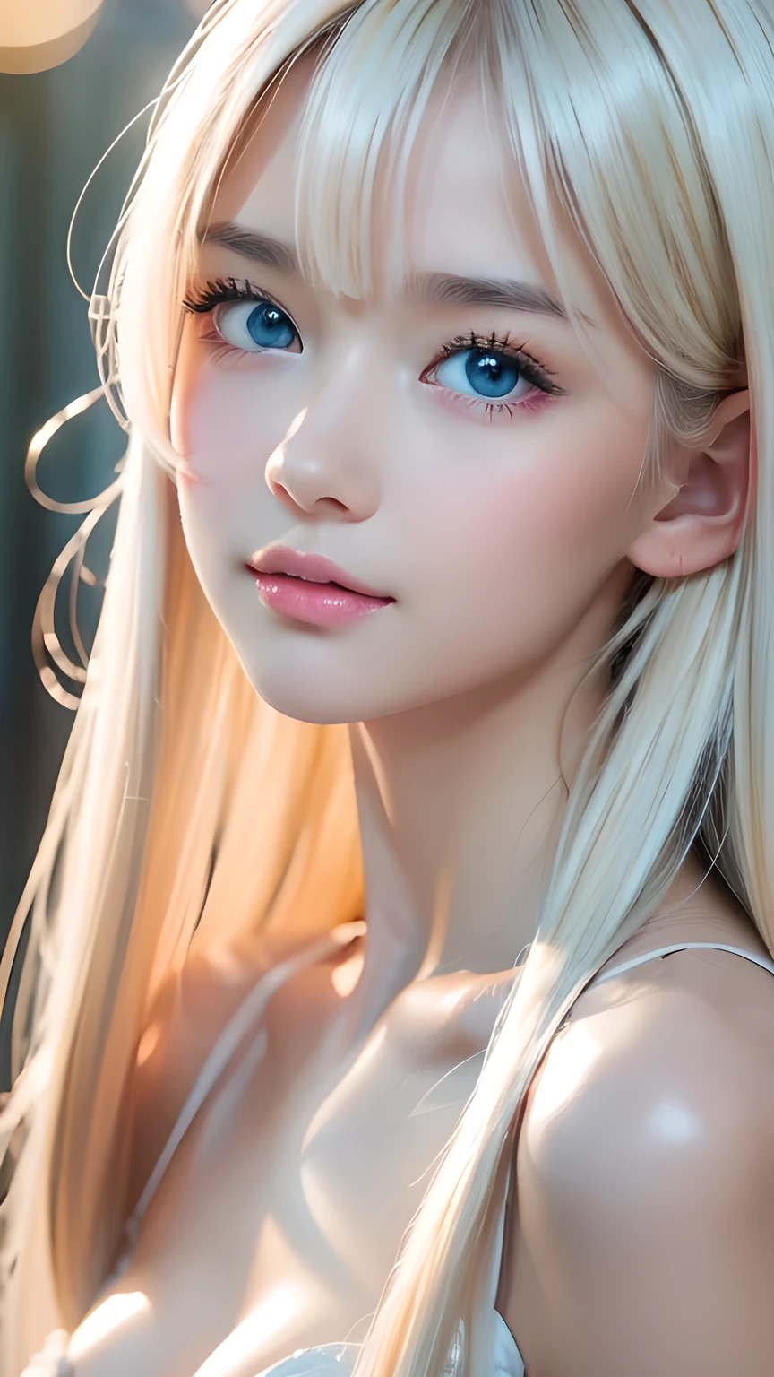 RAW Photos、(((A portrait of extreme beauty)))、((Radiant white beautiful skin))、1 person、A cute, -facedutiful Nordic girl、((Glossy bright platinum blonde hair))、Cute clothes、Bangs that fall over the face、[Attractive, whitish, very light blue eyes]、Super long straight silky hair、eyeliner、Beautiful Bangs、Hair between the eyes、Fluttering Hair、smile、((masterpiece、最high quality、Super detailed、Film Light、Intricate details、High resolution、8k、Very detailed))、Detailed Background、8K  UHD、Digital SLR、Soft light、high quality、Film Grain、Fujifilm XT3 、Shallow depth of field、Natural light、（Perfect hands）、Small Face Beauty、Round face、Perfect beautiful face、Large Breasts