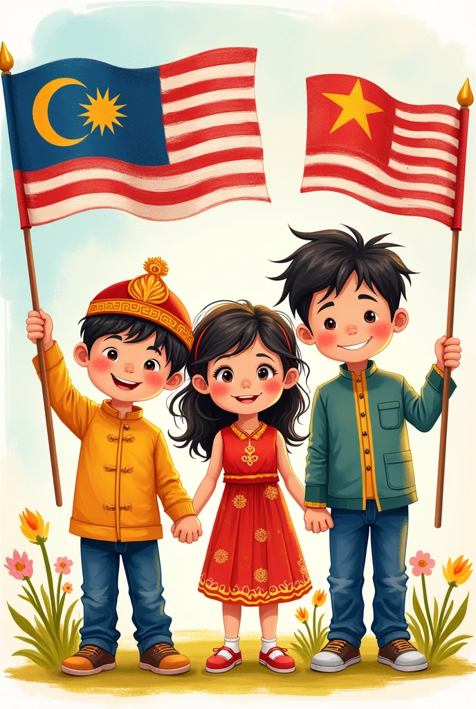 Malay boy wearing tanjak, cheongsam girl and indian boy wearing kurta, happily holding malaysian flags, cartoon, crayon color