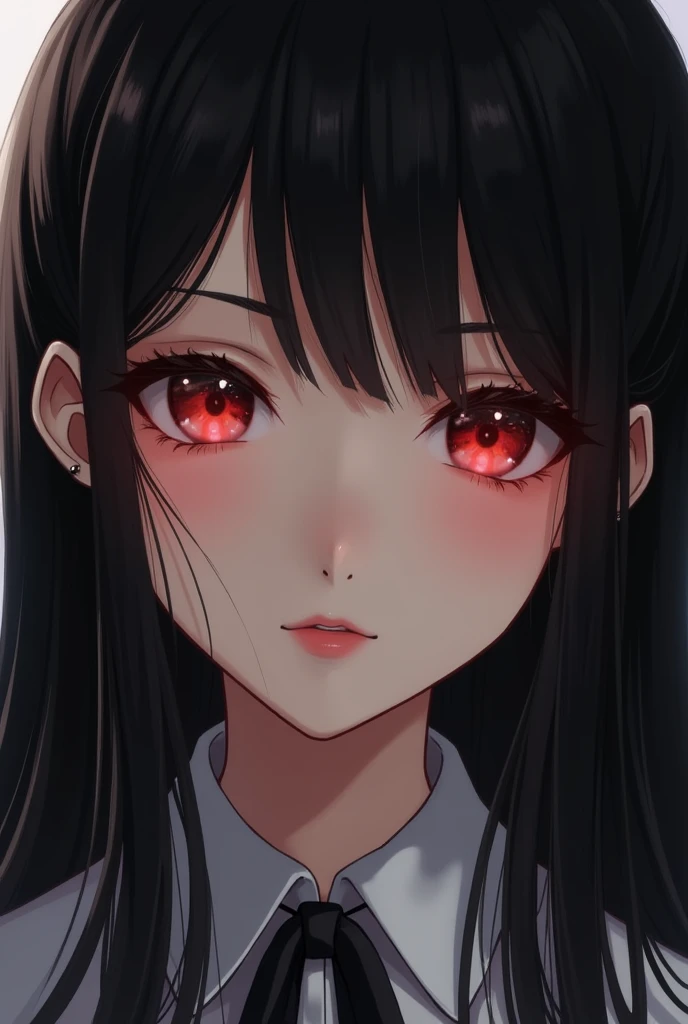 A beautiful high school girl with black hair and red eyes.
Her hair is silky straight.