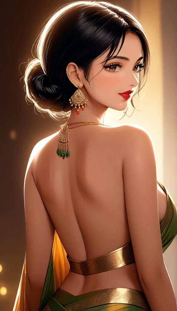 (1woman, mature showing her sexy back, messy short hair, saree with intricate patterns, long multiple kundan earrings, detailed alluring eyes, smooth detailed lips, beautiful face, smiling, red lipstick, navel, bangles, saggy breasts, photorealistic, 8k, hyperdetailed, vibrant colors, studio lighting, masterpiece, cinematic composition, dramatic lighting, intricate details, highly realistic skin textures, volumetric lighting, beautiful intricate jewelry, warm color palette, natural lighting, elegant pose, beautiful detailed expression, hyper realistic rendering, seamless blending, flawless skin, glowing skin, delicate features, breathtaking realism, striking composition),tall , necklace, bangles ,navel,full body view, visible nipple poking through saree