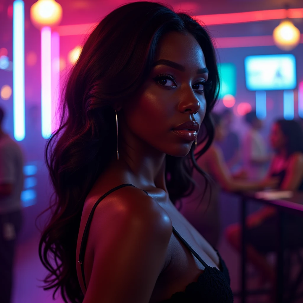 Girl, model, black skin, pretty, in the club, neon lights, photo shoot, pose, night club