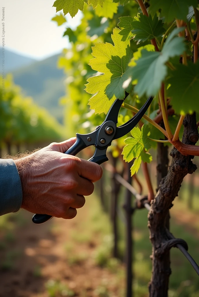 I want a clear image of a farmer's hand pruning a grapevine.