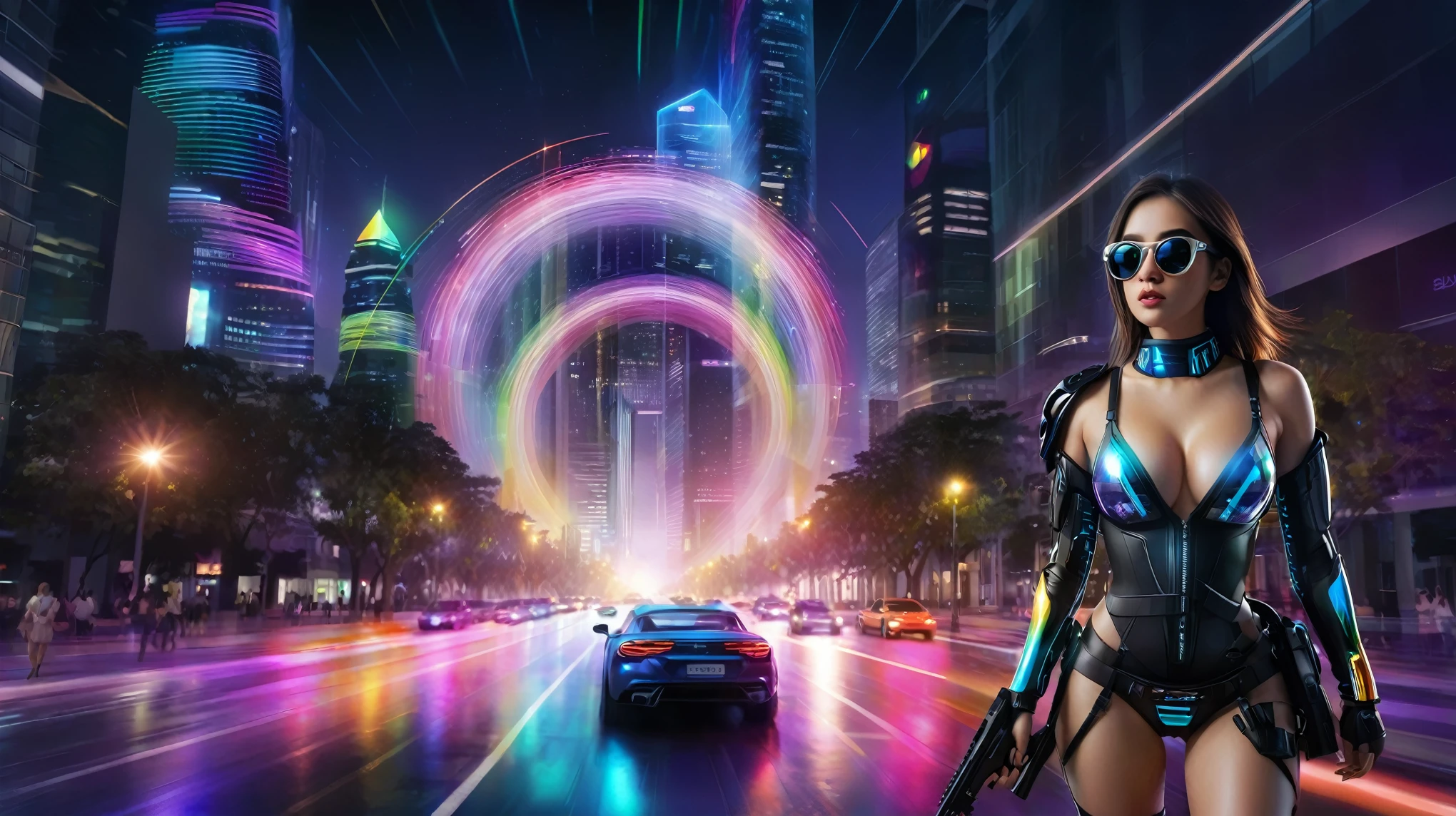 Estilo: arte conceitual. A cena: Futuristic cityscapes with colorful all-glass towering skyscrapers, sleek aerodynamic vehicles speeding through the air, rainbow colors waterfalls. High-resolution OLED GUI interfaces in the building, The windows are filled with transparent data visualization infographics that show it all, from weather patterns to traffic flow, Matrix cascading code. Colors are saturated and vibrant, com rosas e roxos quentes dominando o horizonte. Adobe Photoshop zoom blur effect background. At night, (1girl, solo), photo realistic, medium-breast:1.lim body, cleavage, sling top, miniskirt, (matrix style black sunglasses, holding a short gun), half-body thigh level medium shot, cinematic lighting, ray tracing.