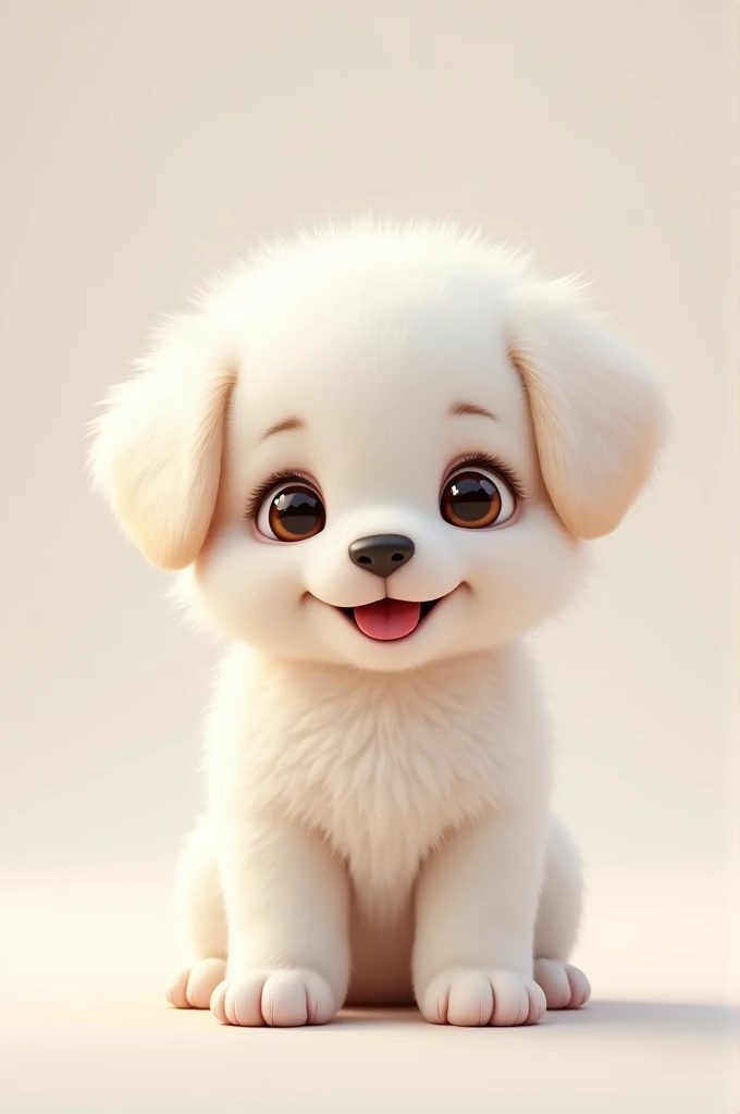 A white cute puppy with very small smile and his eye is lightly brown and leap is red