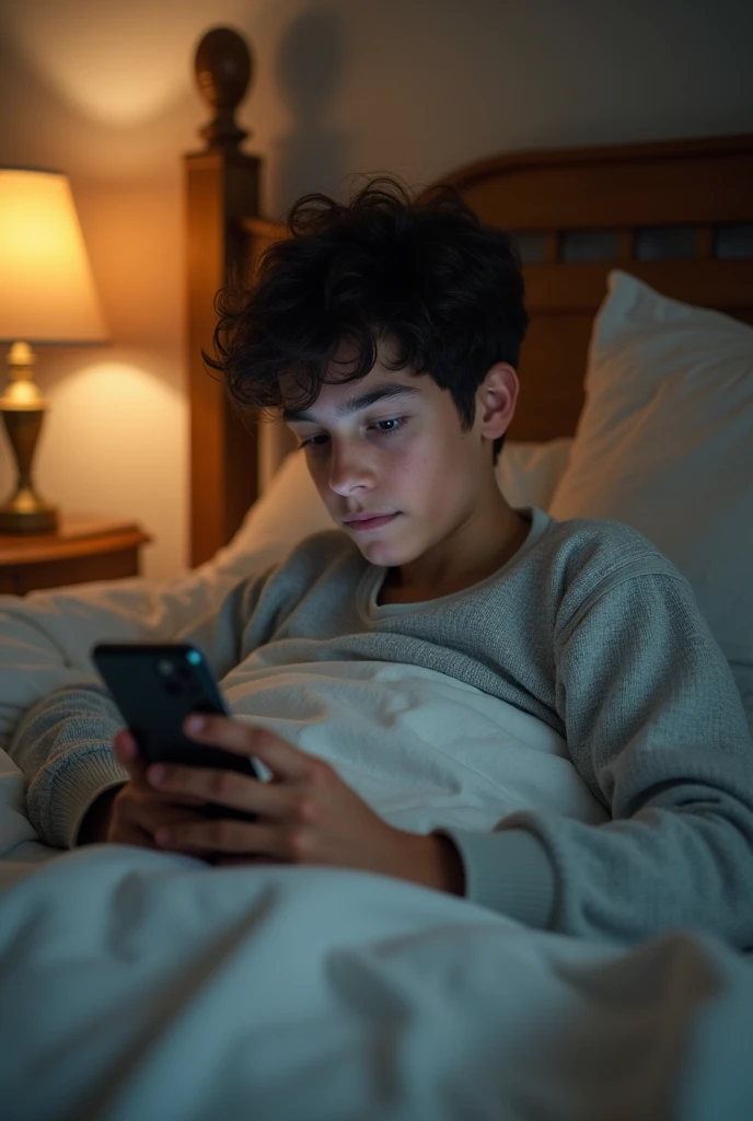 A photo of a 15 year old ??? named Aldo, laying down on his bed, picking up the phone from his bedside table