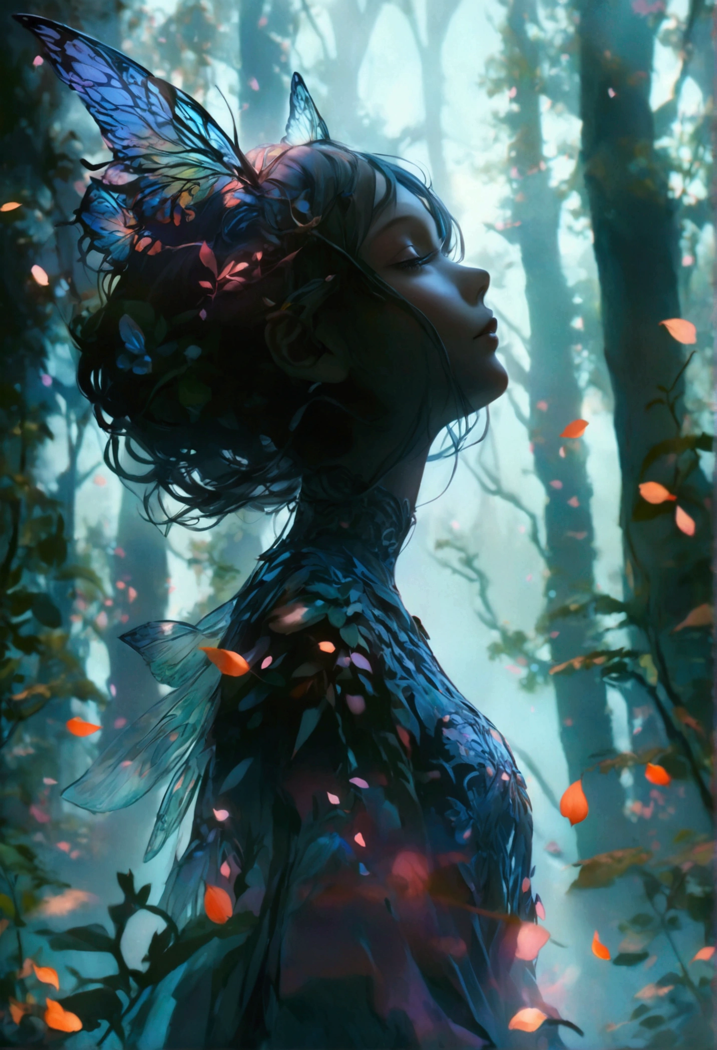 a mysterious forest shrouded in mist, (double exposure silhouette: 1.2), a forest fairy gracefully floating and drifting, detailed fantasy character, floating petals, glowing orbs, magical atmosphere, ethereal lighting, vibrant colors, cinematic composition, dreamlike, intricate details, high resolution, 8k, photorealistic, full-body wide view