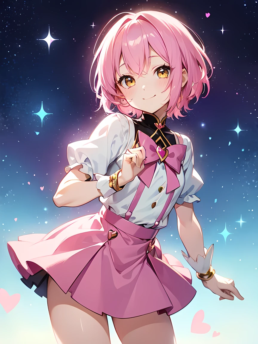 Pink Hair、short hair、Yellow Eyes、Magical Girl Clothes:1.2、Pink Skirt、Cute smile、Mouth closed、Anime Style:1.1、Small heart mark、A background like the night sky