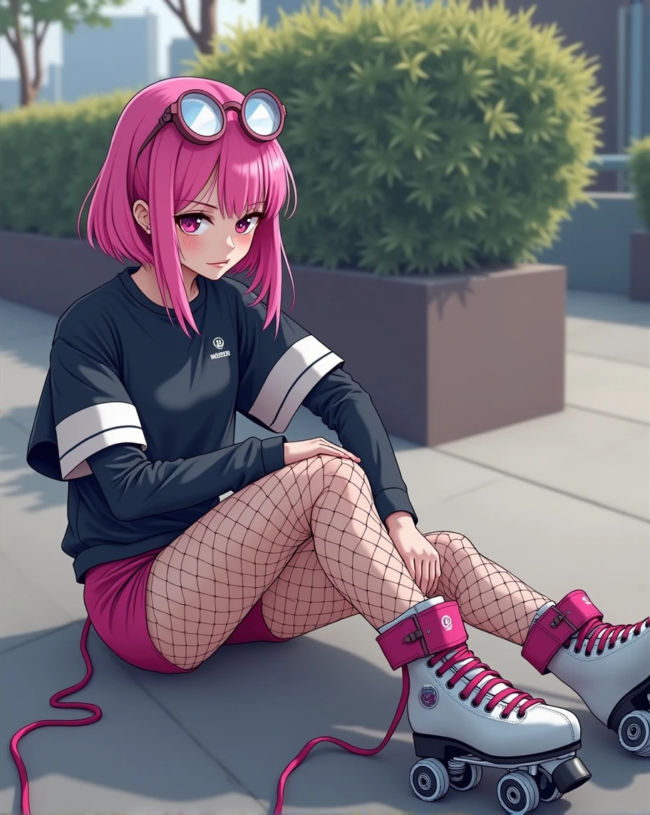Girl from the 80's, sitting on ground, putting on roller skates, fishnet legwear, pink shorts, black shirt, pink hair, glasses in hair