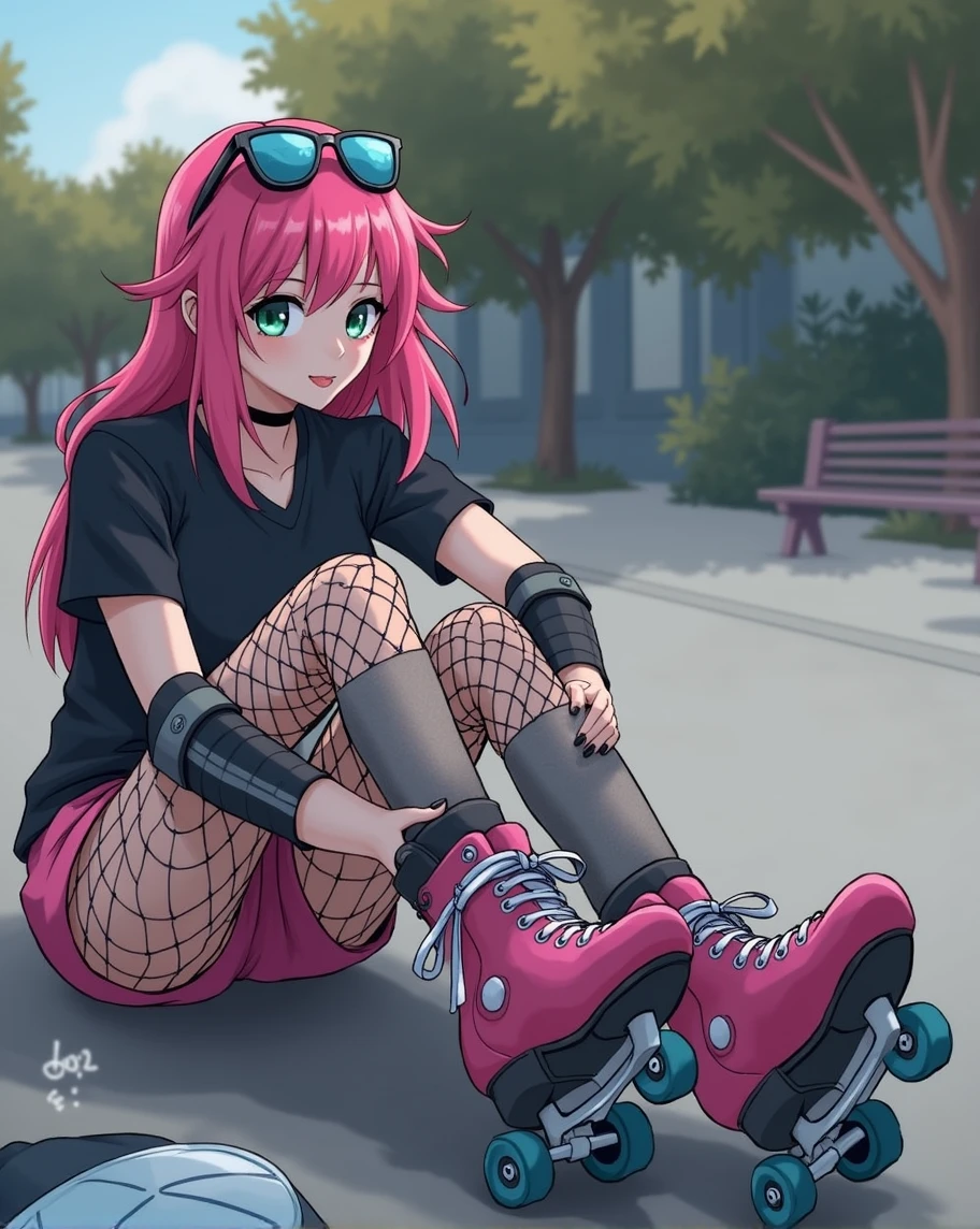 Girl from the 80's, sitting on ground, putting on roller skates, fishnet legwear, pink shorts, black shirt, pink hair, glasses in hair