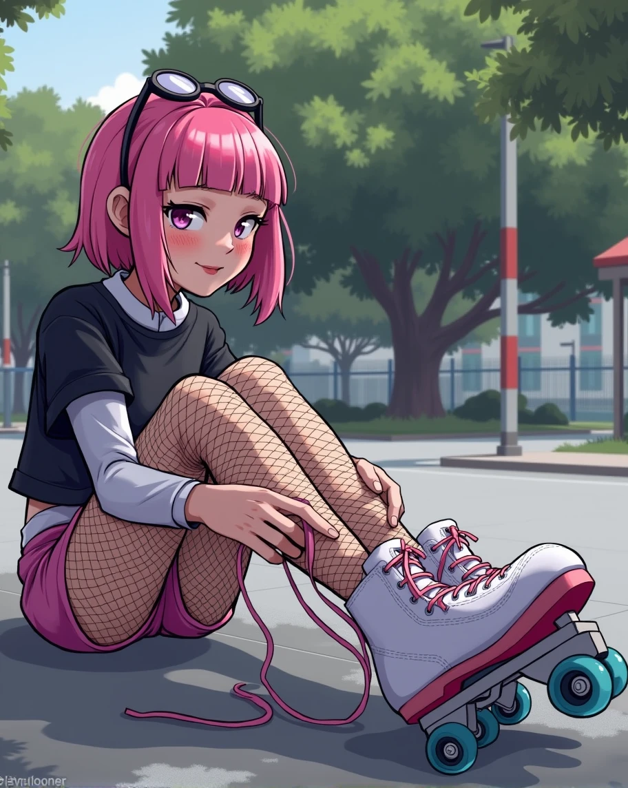 Girl from the 80's, sitting on ground, putting on roller skates, fishnet legwear, pink shorts, black shirt, pink hair, glasses in hair