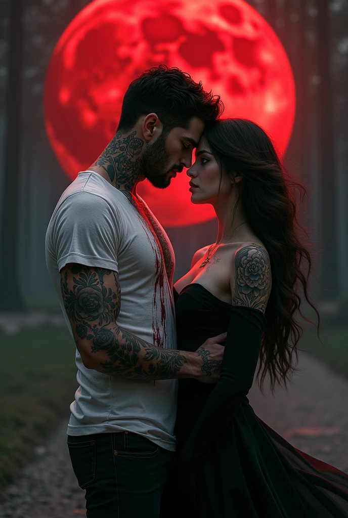 A tall boy, dark and tattooed very long strait hair, such as devils night, the book, with very long strait hair, wearing a tight white shirt, with a little blood, marking your muscles, green eyes kissing a brunette girl with blue eyes and wavy long hair, wearing a black gown , in the background there is a red moon, love is in the night air