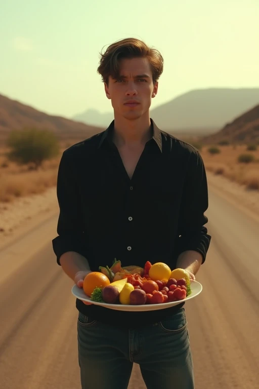 ((Create a realistic portrait with a warm cinematic perspective of a young man wearing a black shirt and jeans in the middle of a semi-desert road holding a plate of fruit in both hands and looking straight ahead.  