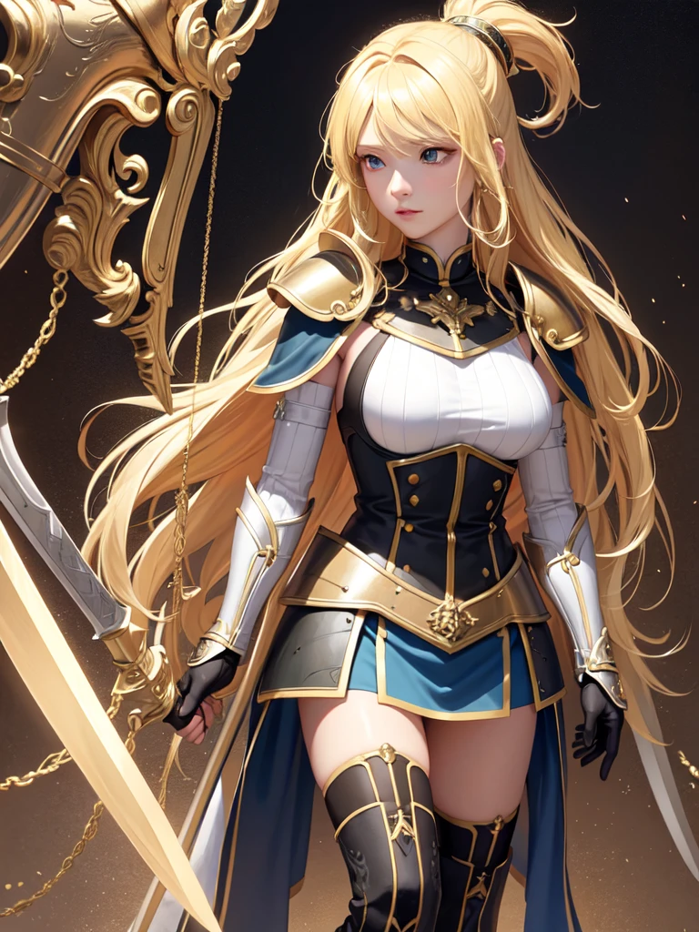 (Ultra extreme detailed),(Masterpiece),(Ultra extreme),(Realistic),CG,(color:1.2), Strong lighting,Light from behind,evaluation:Safety,A blonde person alone, 黒color,with long blonde hair,Green Eyes,White shrite,short_、、armor、Princess、Tights Knee Socks、Shoulder pads、breastplate、holding a sword hilt