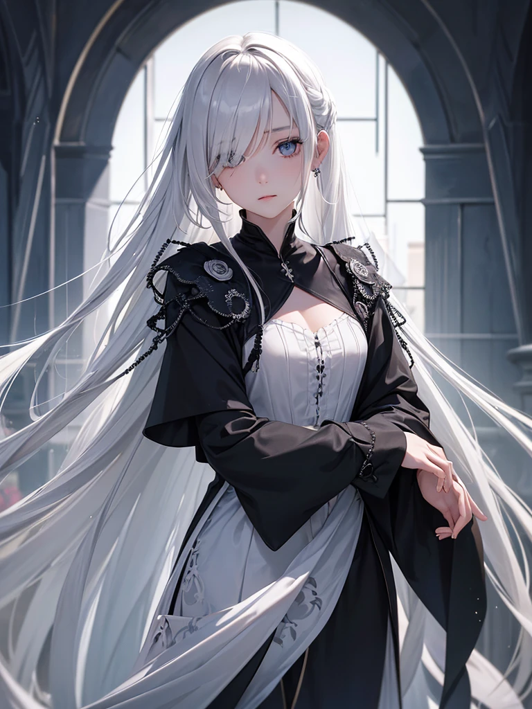 1 Girl,Solitary,1 Girl,Solitary,((Beautiful and delicate eyes)), (Detailed lighting),Depth of Field,(White hair),Silver Eyes,Hair covering one eye,(safflower ), Flowering,Long hair,Full body jewelry,jewelry,noble,High-end black cape,wet,callous,look back,night,Starfall,rain,FOG,safflowers falling,sketch,Upper Body,Strong shadows,Gale