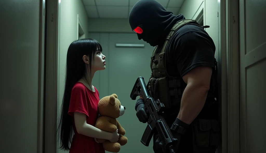 short in red dress with tall black hair holding plushie bear telling F.E.A.R operative that he is her son. He is wearing black tactical balaclava and red glasses and holds SMG. His height is way taller than her. Make it in creepy style. Her eyes are completely black and her skin is pale. She is telepath. The place is dark in hallways