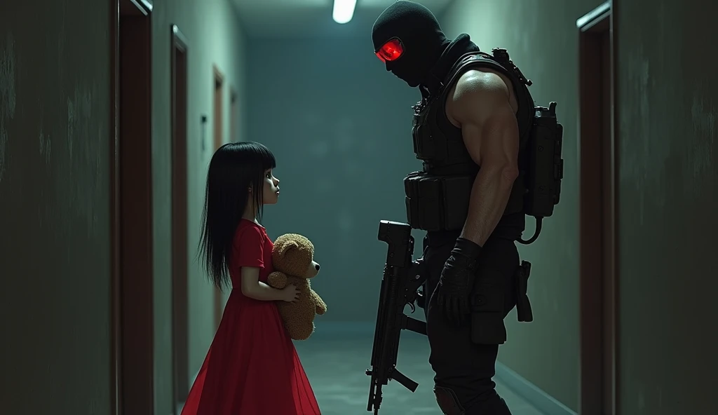 short in red dress with tall black hair holding plushie bear telling F.E.A.R operative that he is her son. He is wearing black tactical balaclava and red glasses and holds SMG. His height is way taller than her. Make it in creepy style. Her eyes are completely black and her skin is pale. She is telepath. The place is dark in hallways