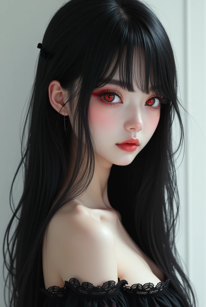 A beautiful high school girl with black hair and red eyes.
Her hair is straight and silky smooth.
Her entire body