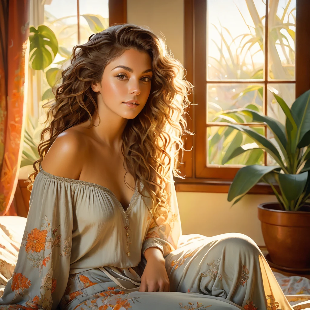 (photorealism:1.2), beautiful woman, sitting on bed, wearing loose off-shoulder top, pajama lowered pants, long curly hair, indoors, soft lighting, plants in background, window with sunlight, cozy room, relaxed pose, realistic, intricate details, warm colors, by Greg Rutkowski, by Alphonse Mucha
