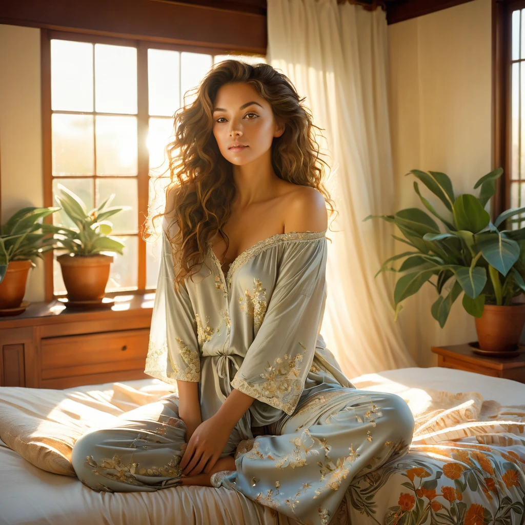 (photorealism:1.2), beautiful woman, sitting on bed, wearing loose off-shoulder top, pajama lowered pants, long curly hair, indoors, soft lighting, plants in background, window with sunlight, cozy room, relaxed pose, realistic, intricate details, warm colors, by Greg Rutkowski, by Alphonse Mucha