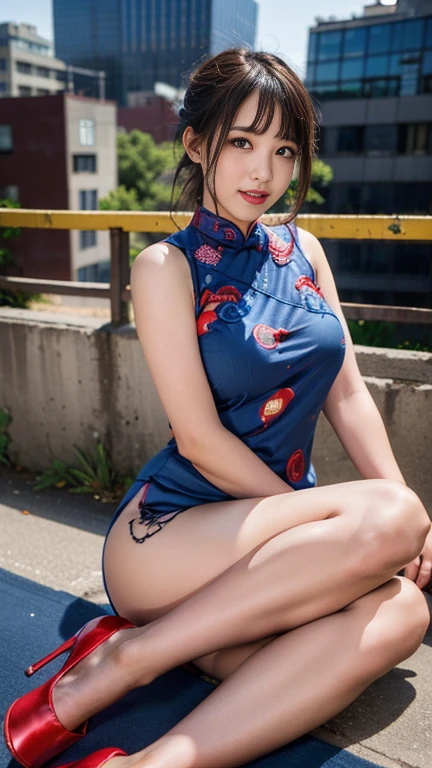 (Highest quality、Ultra-high resolution、masterpiece:1.3), Middle-length hair with bangs, Moisturized eyes down to the finest detail, ((Shiny skin 1.5)), Highest quality, 8k, Slightly blurred background, (Big Breasts , Beautiful feet, Legs exposed through slits), Wear heels, Natural color lip, smile, A woman with perfect style, ((Busy city background during the day)), (Colorful patterns(Red and blue embroidery)Wearing a mini cheongsam:1.5), Look forward, Looking into the camera