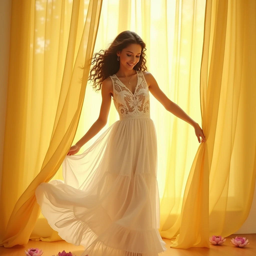 realistically,  against a yellow transparent veil curtain, into the fold,Sweet girl, happily dancing, in a white veil transparent , white with lace, dress, in an African-inspired style,  I can't think, she's officially beautiful, stylish art, joyful chaos, attractive lotus flower details, pastel lotus tones on the background, James Christensen, Valeria Docampo, Sara Kay, Nicky Beme, Maurice Sendak, Gila Elvgren style, high quality, bright colors, pensive, romantic, hyper-detailed, hyperrealistic, Unreal engine, masterpiece, Atmospheric, a high resolution, brightness, Contrast, 32K, высокий HDR, 500 pixels