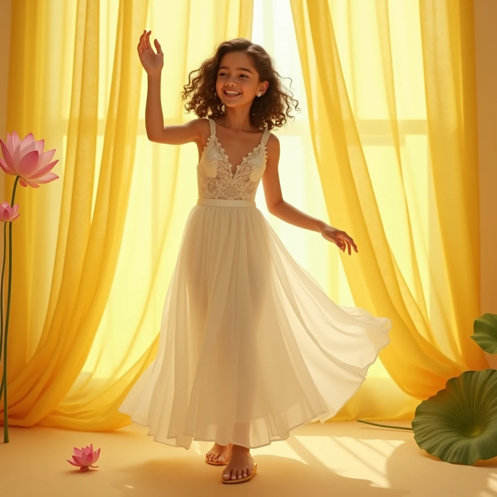 realistically, against a yellow transparent veil curtain, into the fold,Sweet girl, happily dancing, in a white veil transparent , white with lace, dress, in an African-inspired style, I can't think, she's officially beautiful, stylish art, joyful chaos, attractive lotus flower details, pastel lotus tones on the background, James Christensen, Valeria Docampo, Sara Kay, Nicky Beme, Maurice Sendak, Gila Elvgren style, high quality, bright colors, pensive, romantic, hyper-detailed, hyperrealistic, Unreal engine, masterpiece, Atmospheric, a high resolution, brightness, Contrast, 32K, высокий HDR, 500 pixels